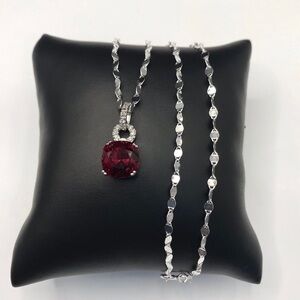 925 Sterling Silver Cushion Cut Ruby Pendant Necklace Size 18”